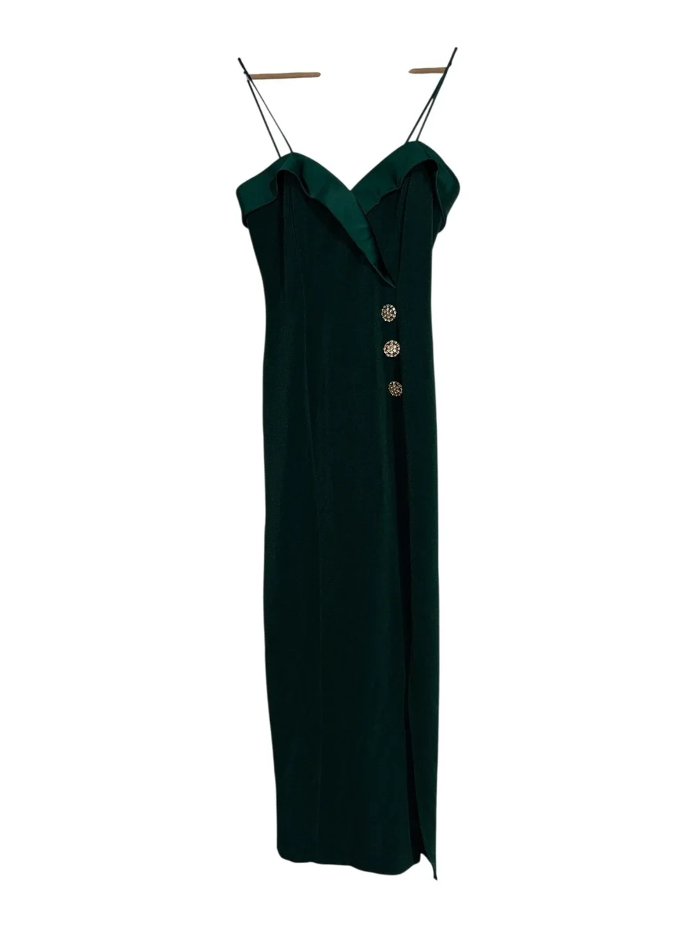 Vintage‎ Deep Green Spaghetti Strap Maxi Dress with Gold Buttons